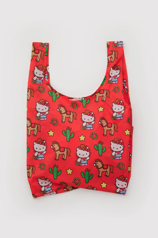 Red Hello Kitty western print standard tote bag with open top and long handles