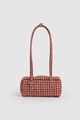 Small houndstooth bowler bag with tan top handles