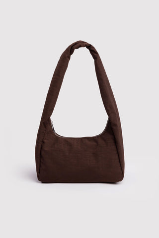 Small nylon tote bag in dark coffee-brown with wide top handles