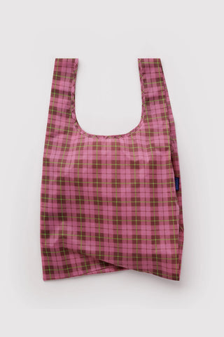 BAGGU standard tote bag in pink and green tartan plaid