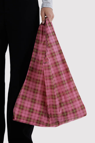 Pink and green tartan plaid tote bag with wide handles
