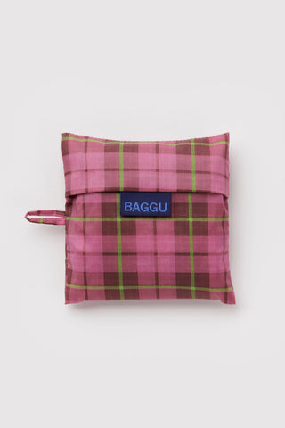 Foldable tartan tote bag pouch with BAGGU logo patch