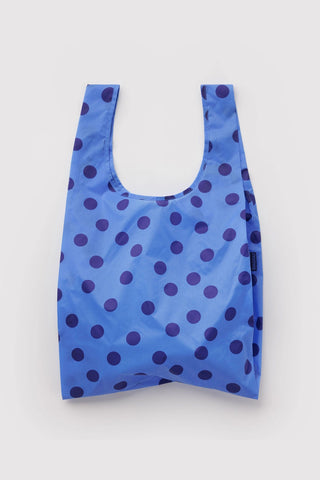 BAGGU standard tote bag, blue with purple polka dots, open top