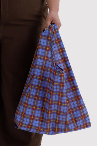 Blue tartan plaid BAGGU tote bag, gathered top with carrying loop