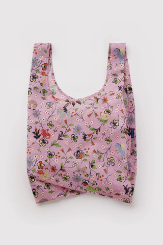 Purple floral tote bag with U-shaped open top and side seams