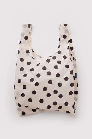 Cream tote bag with black polka dots, open top and shoulder straps