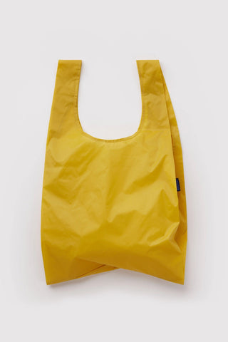 Yellow BAGGU standard tote bag with U-shaped open top and blue logo patch
