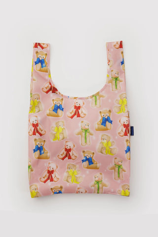 BAGGU teddy bear print tote bag in light pink, wide open top with stitched straps