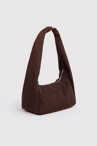 Small nylon bag with curved top opening, dark coffee-brown