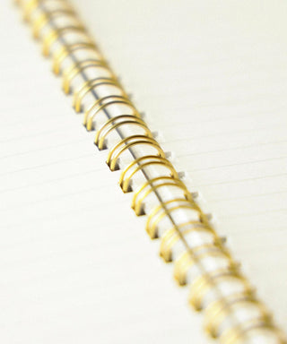 Close-up of gold spiral notebook binding over lined paper pages.