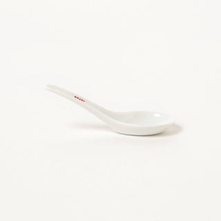BEAMS Japan ceramic soup spoon, white with red logo, side view
