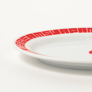 White oval plate edge close-up with red patterned rim