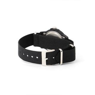 Black fabric wristwatch with metal buckle and rectangular case edge, on strap view