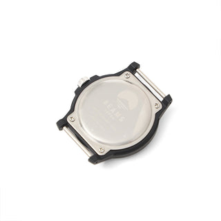 Black wristwatch case back view with round silver back plate and screw accents