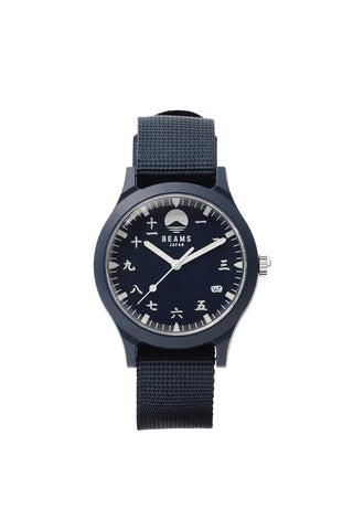Navy fabric wrist watch with round dial featuring BEAMS logo and numeric markers