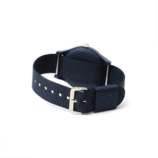 Navy fabric strap wrist watch with metal buckle and perforated strap holes