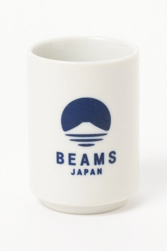 White sushi cup with blue BEAMS Japan logo on the front.
