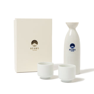 Ceramic sake set with BEAMS Japan logo, includes box, bottle, and two cups