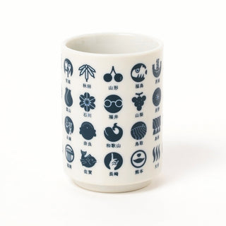 White ceramic sushi cup with indigo-blue character icon pattern and rounded rim