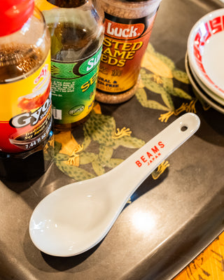 BEAMS Japan ceramic soup spoon, white with red logo on handle