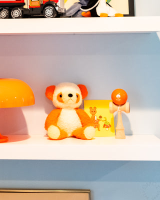 Wooden kendama on shelf: orange ball and natural wood cups with white handle