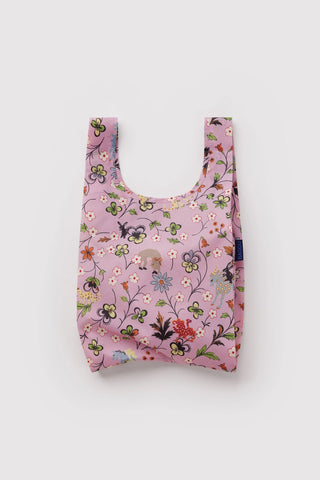 Pink floral reusable baby tote bag with wide U-shaped opening