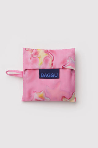 Pink star-print BAGGU storage pouch with blue logo label