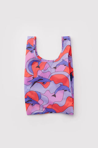 Baby BAGGU reusable tote bag with dolphin print, purple and orange