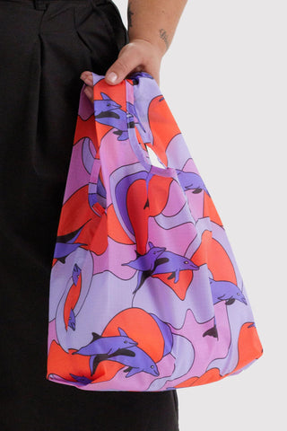 Dolphin-pattern tote bag with handles, purple and orange