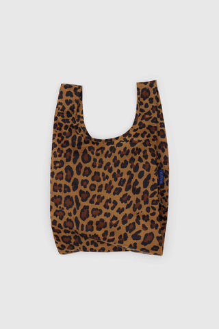 Leopard-print baby BAGGU tote bag with blue BAGGU logo patch