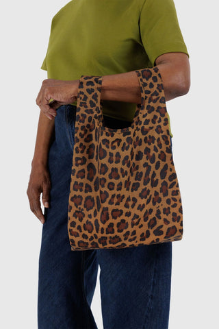 Leopard-print baby BAGGU tote bag with top handles and blue logo patch