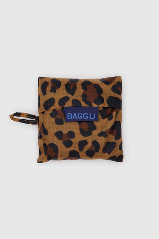 Leopard-print baby BAGGU pouch with wrist strap and blue BAGGU label