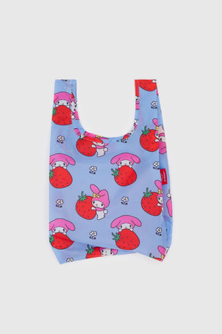 Light blue baby tote bag with strawberry and bunny print, foldable style