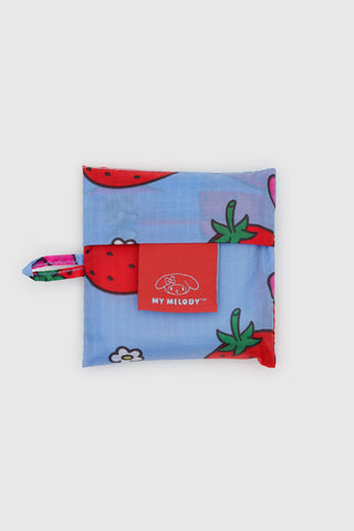 Compact My Melody foldable pouch with strawberry print and bunny accents