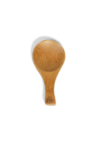 Bamboo tea spoon, oval bowl with visible grain, long handle, natural wood tone