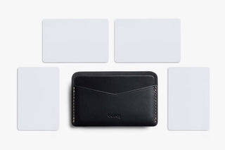 Bellroy black leather card slip shown centered among four light card cutouts