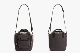 Charcoal small bucket bag with shoulder straps and front utility pocket