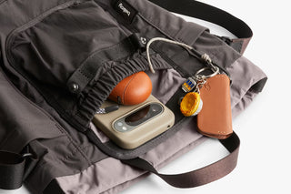 Charcoal bag interior with elastic organizer and hanging key clip