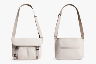 Oat light-beige messenger bag with crossbody strap and flap front pocket