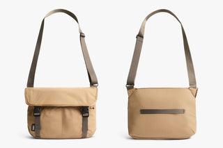 Pair of views: sand-beige cinch messenger bag with top flap and side buckle straps