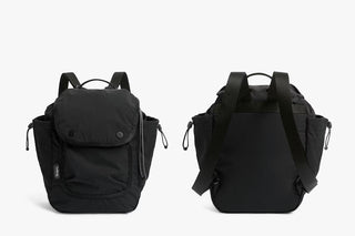 Black mini backpack shown front and back views with adjustable straps and top handle