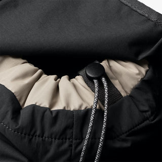 Black mini backpack top drawcord and textured lining detail
