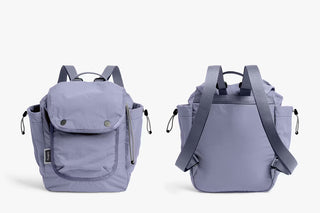 Lilac mini backpack front and side views with top cinch cord and flap pocket