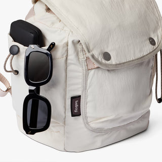 Bellroy cinch minipack backpack, oat fabric with snap pocket and webbed side strap