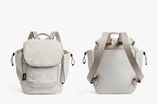 Bellroy cinch minipack backpack in oat, front and back views with shoulder straps