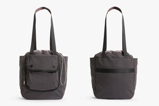 Bellroy cinch tote bag set, charcoal with exterior pockets and webbing shoulder straps