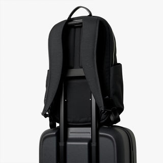 Black backpack back view with top handle, padded straps, and adjustable chest strap