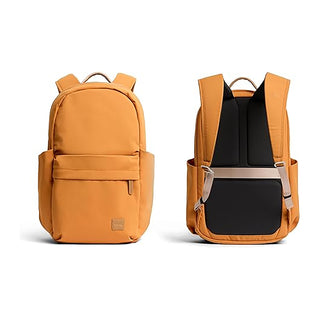 Orange daypack front and back view with top handle and adjustable shoulder straps.