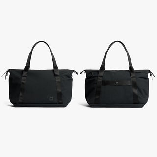 Black duffel bag with top handles, side zippers, and a compact front logo