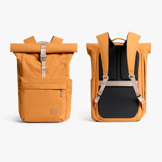 Butterscotch roll-top backpack front and back views with adjustable shoulder straps